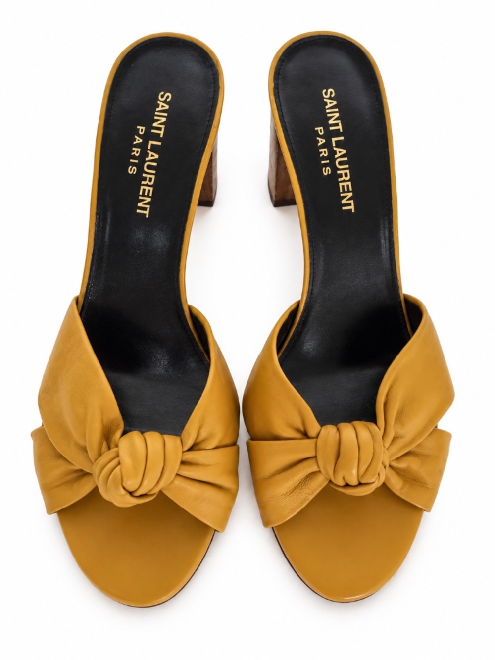 Saint Laurent YSL Mustard Leather Knot Wood Heel Mules Sandals Size 37.5